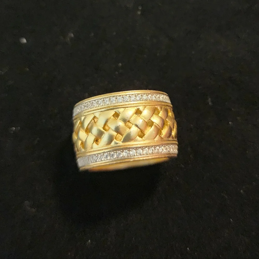 Elegant Freida Rothman Cigar Band Gold & Silver Braided Ring With Cubic Zirconia